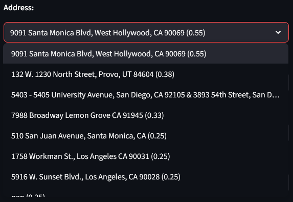 Address dropdown with confidence scores