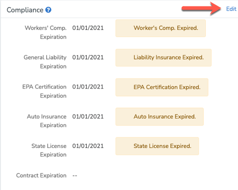 Compliance block on the vendor page with the Edit link
