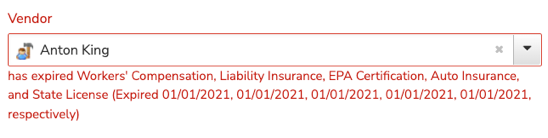 Error message showing which compliance requirement is expired