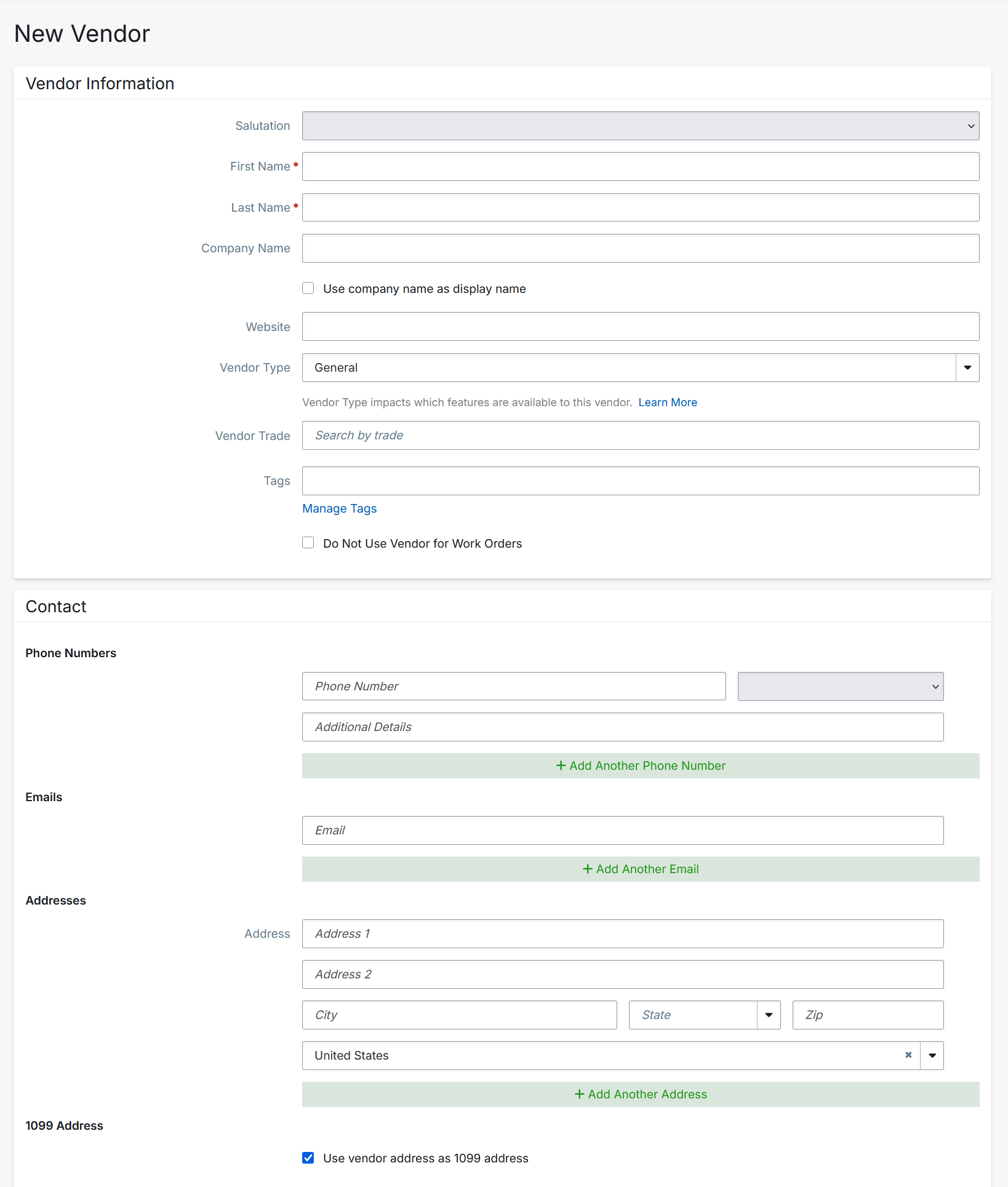 New Vendor form showing the Vendor Information and Contact blocks