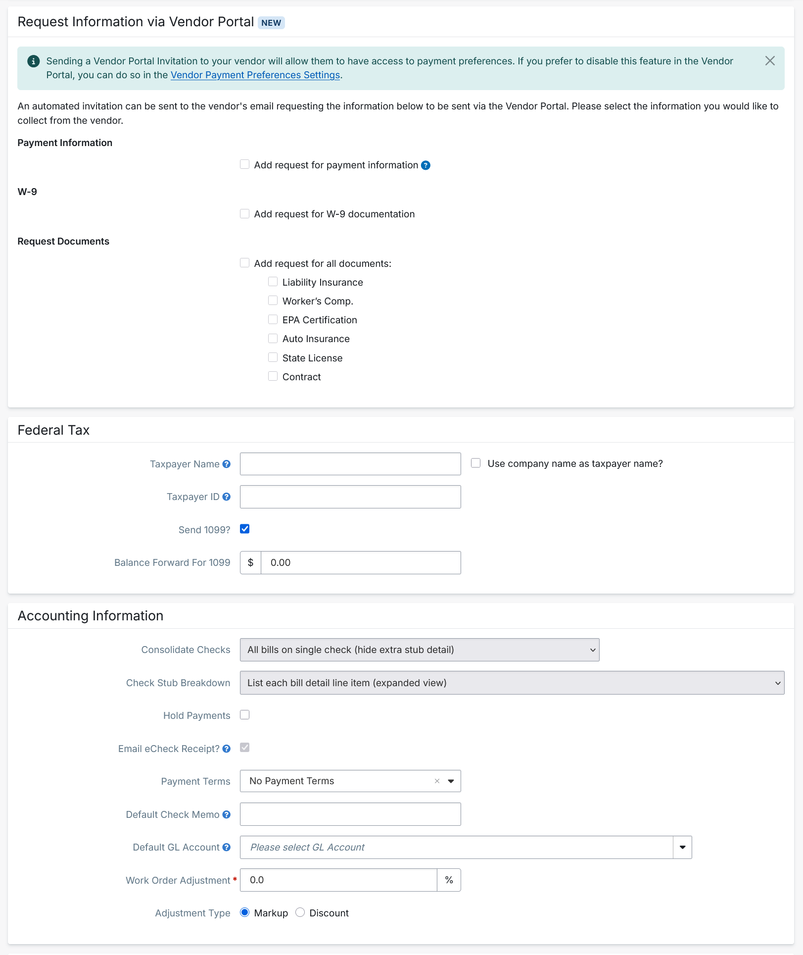 New Vendor form showing the Vendor Portal request options, Federal Tax, and Accounting Information blocks
