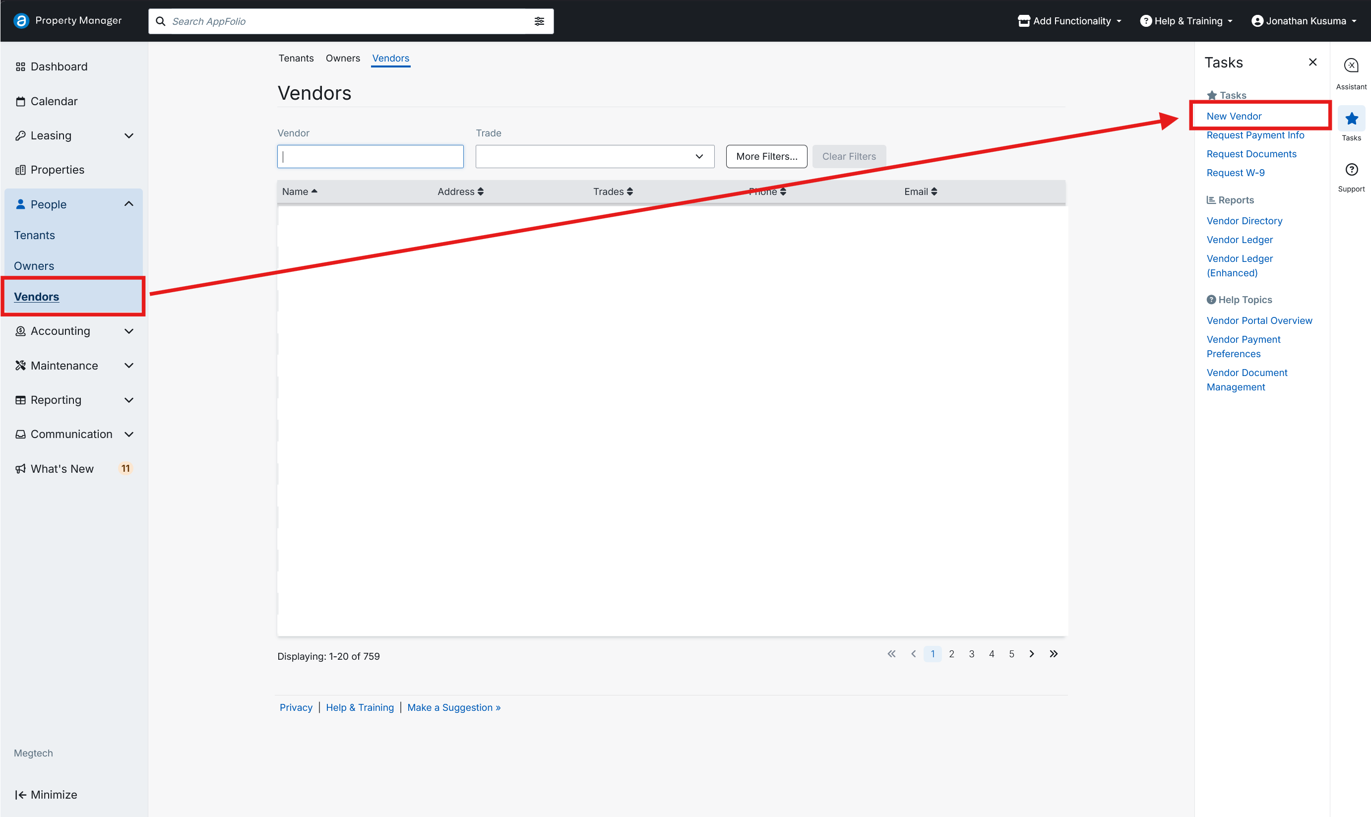 Vendors page with Vendors highlighted in the left nav and New Vendor highlighted in the Tasks menu