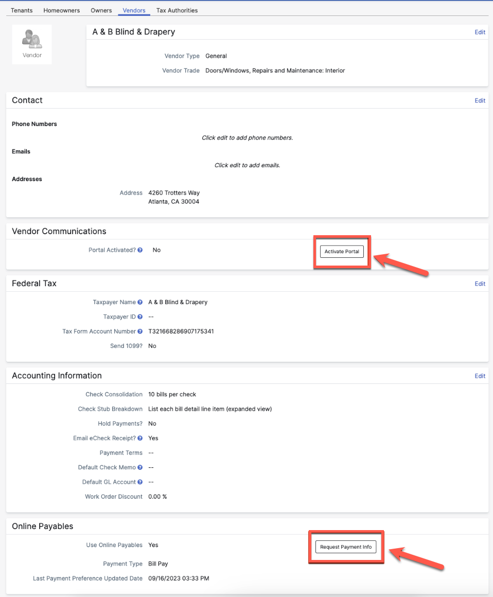 Vendor page showing Portal Activated status with Activate Portal, and Request Payment Info under Online Payables