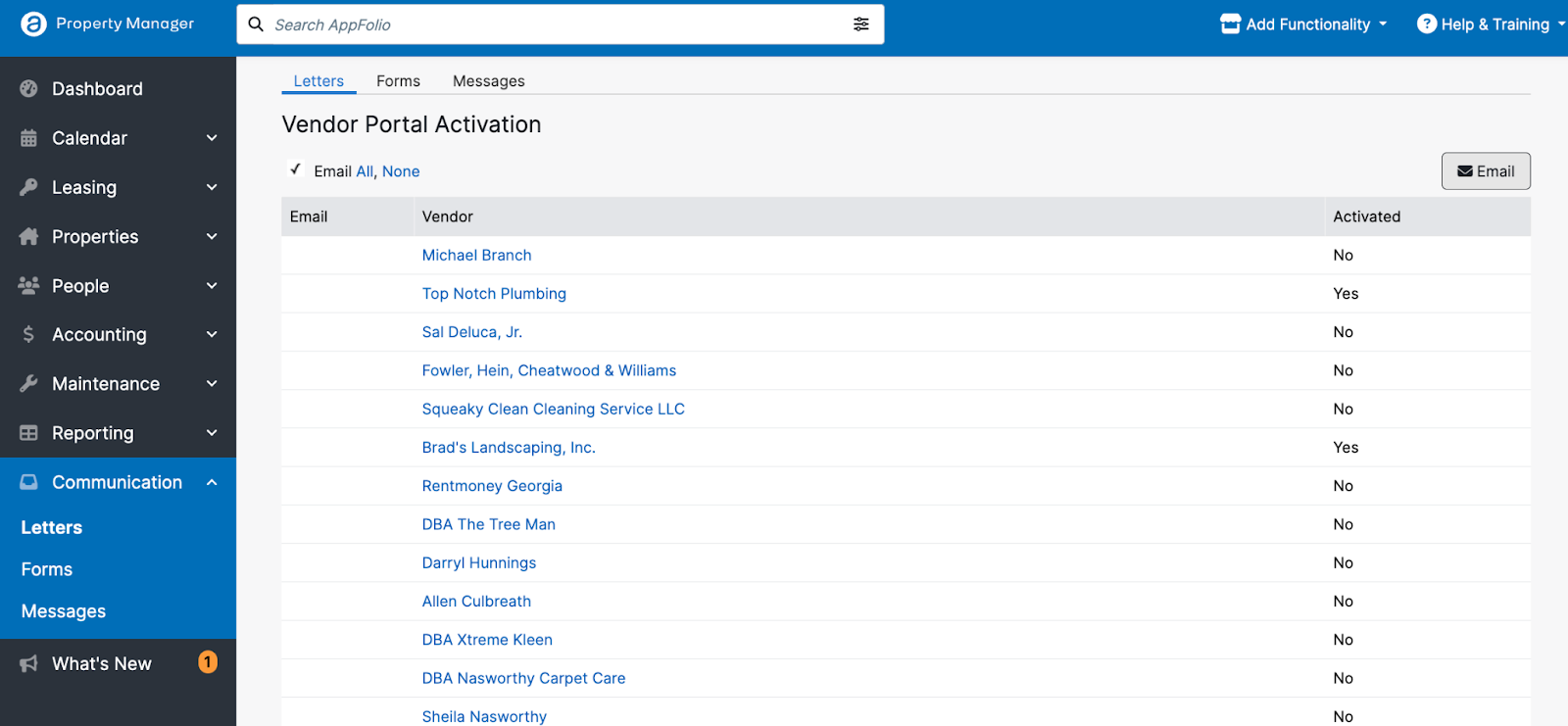 Vendor Portal Activation page listing vendors with an Activated column showing Yes or No
