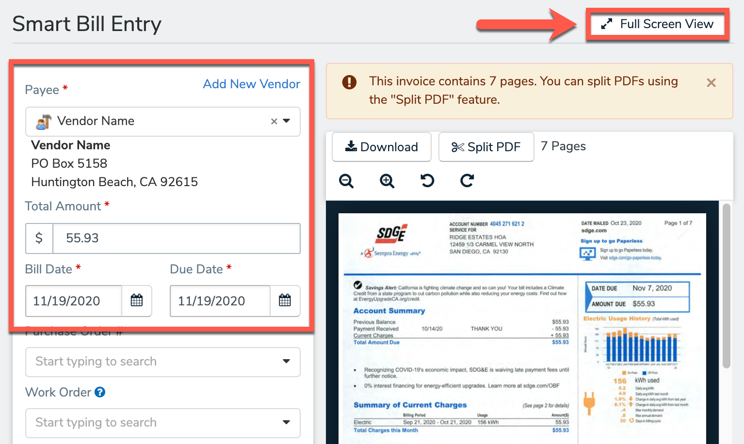New Bill page with pre-filled fields highlighted next to the PDF preview