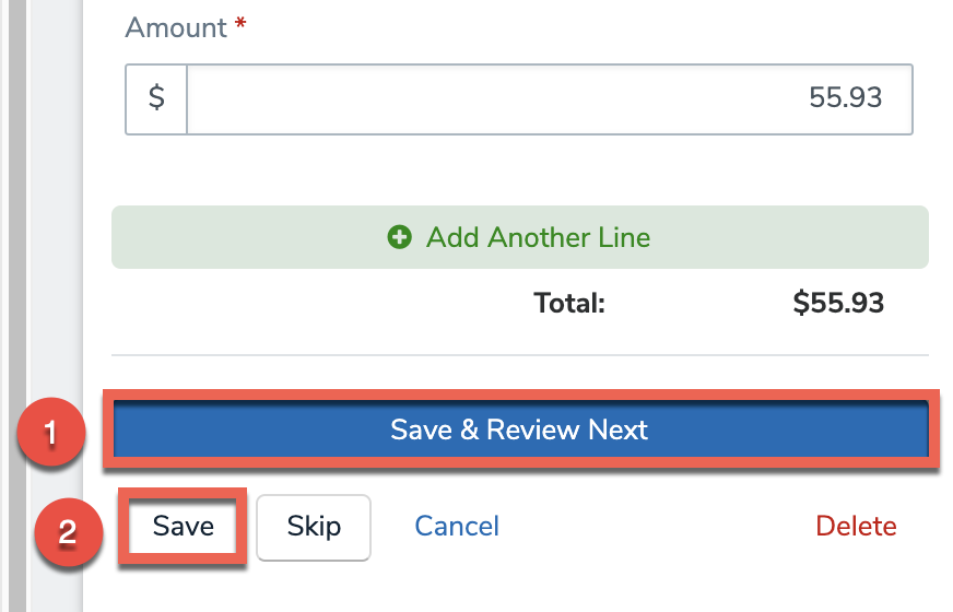 Save & Review Next and Save buttons at the bottom of the bill