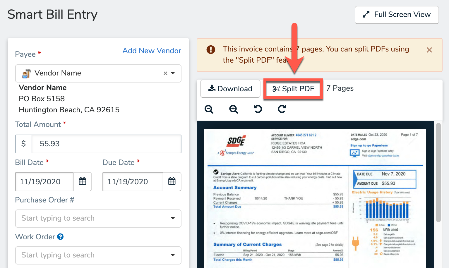Split PDF button on the Smart Bill Entry review screen