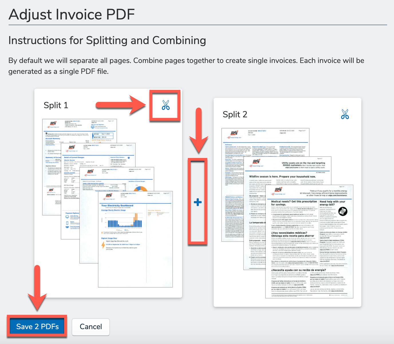 Adjust Invoice PDF interface showing the scissor and plus icons and the Save button