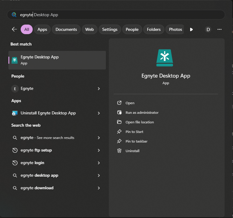 Egnyte Desktop App in Windows search