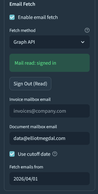 Email fetch settings showing Graph API mode with signed-in status