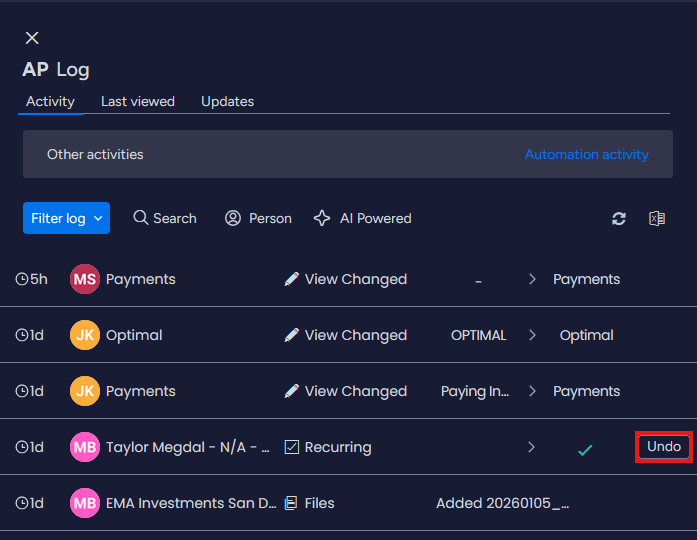 AP Log with Undo button