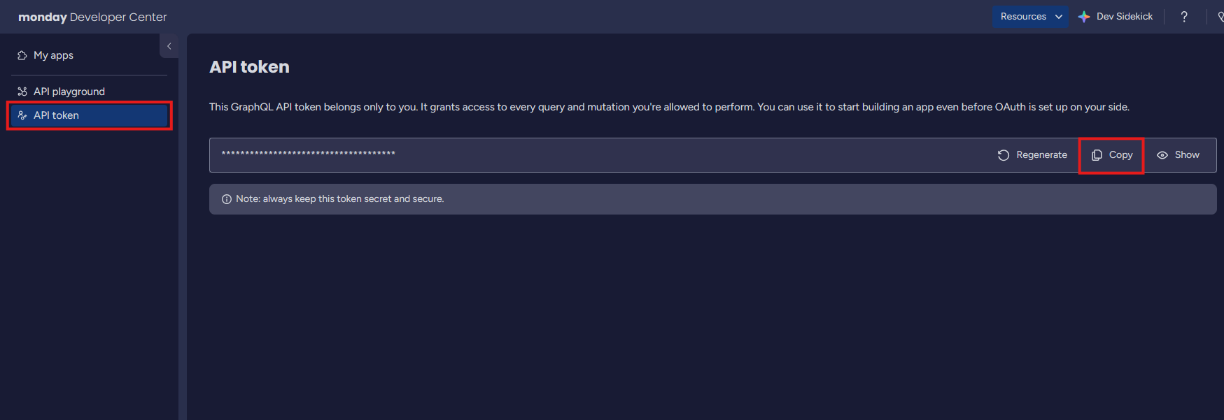Monday Developer Center API token page