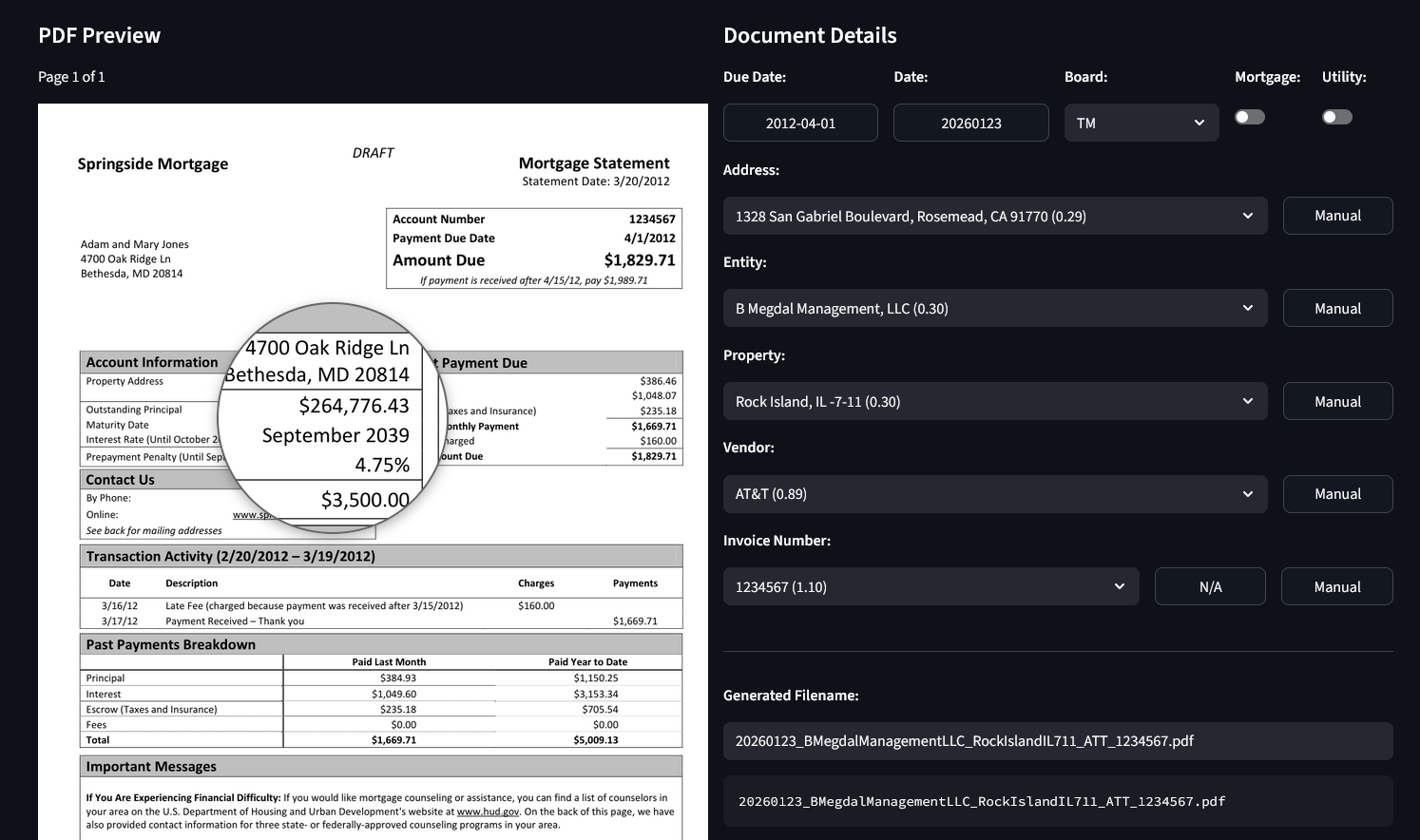 PDF preview with extracted details