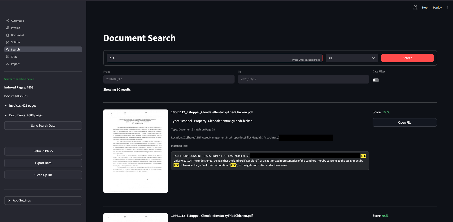Search interface with results