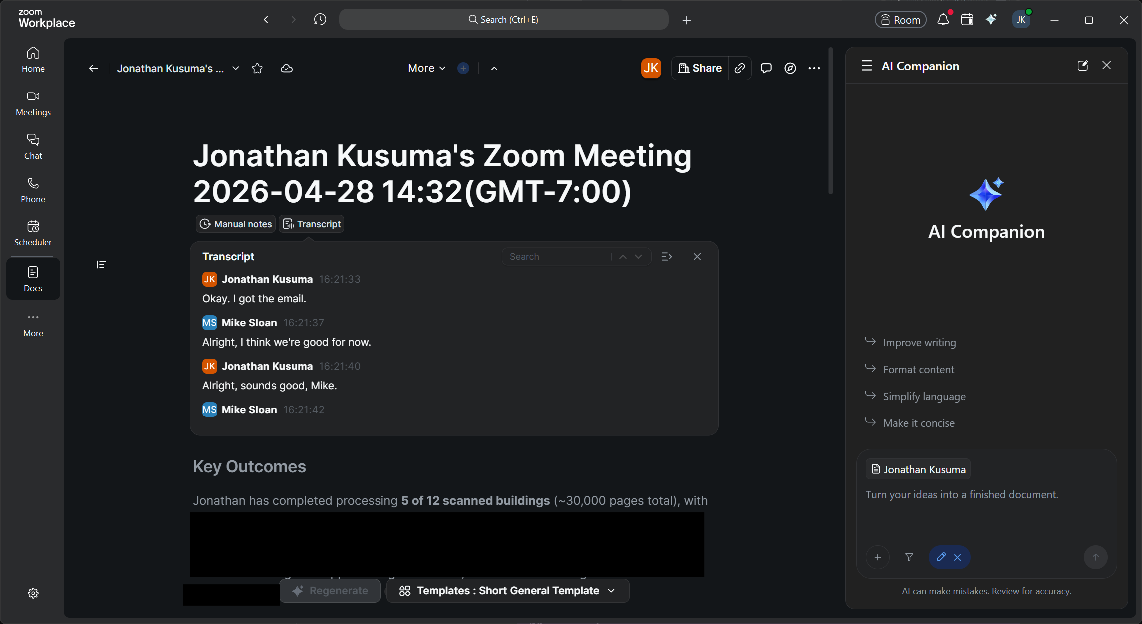 Zoom Doc with transcript and AI summary