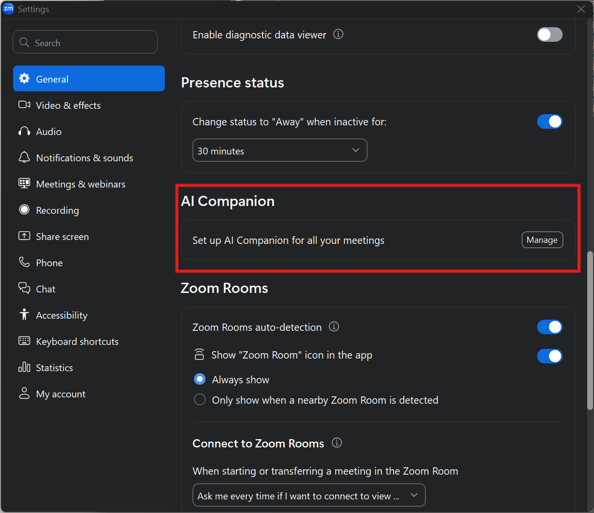 AI Companion section in General settings