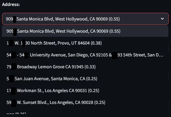 Address dropdown with confidence scores