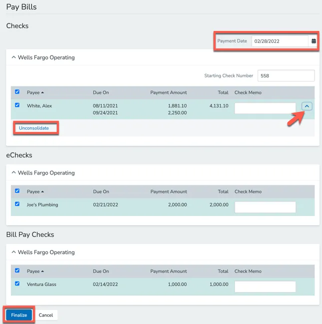 Confirm Payments screen with check date, starting check number, and check memo fields