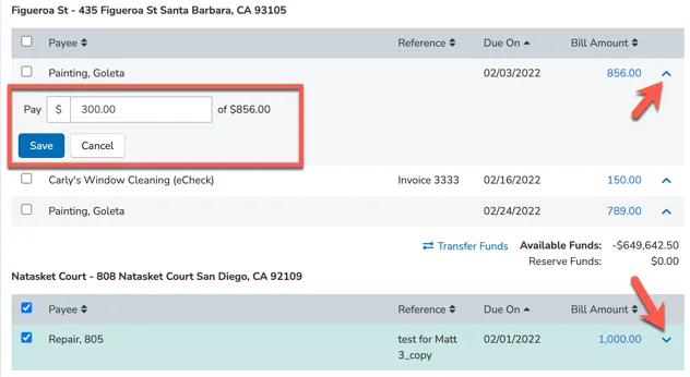 Partial payment entry with amount field and Save button