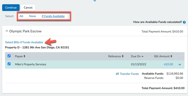 Pay Bills selection table with checkboxes, payee grouping, and the Select Bills if Funds Available button