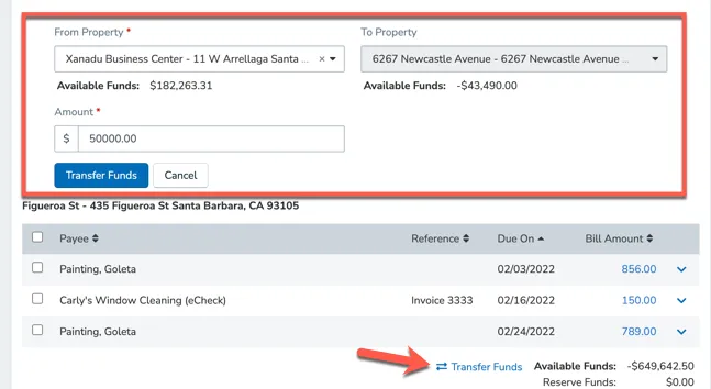 Transfer Funds dialog with From Property and amount fields
