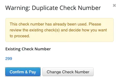 Check number already in use warning with a link to the existing payment