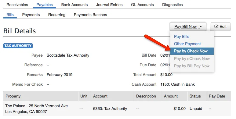 Pay Bill Now menu open with Pay By Check Now selected