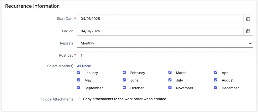 Recurrence Information section with Start Date, End on, Repeats, Post day, and Select Months