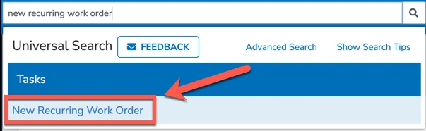 Universal search results showing the New Recurring Work Order task