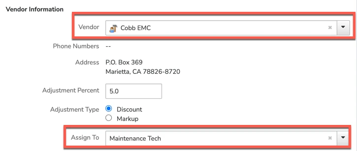 Vendor Information section with Vendor, Adjustment Percent, Adjustment Type, and Assign To