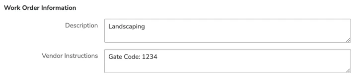 Work Order Information section with Description and Vendor Instructions