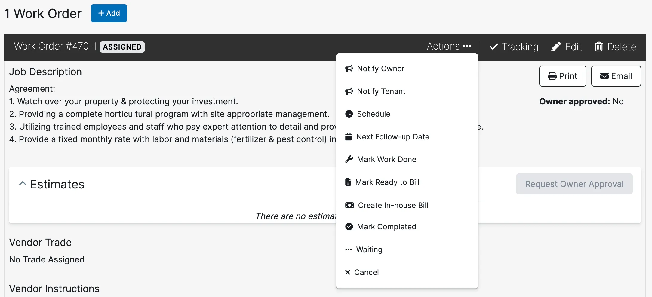 Actions menu open on a work order