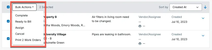 Bulk actions menu on the Work Orders page