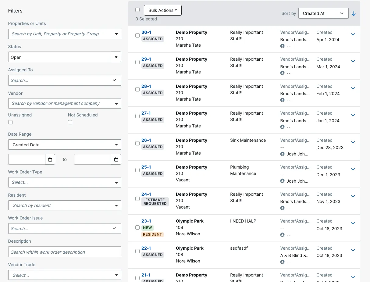Work Orders index with the advanced filter panel open