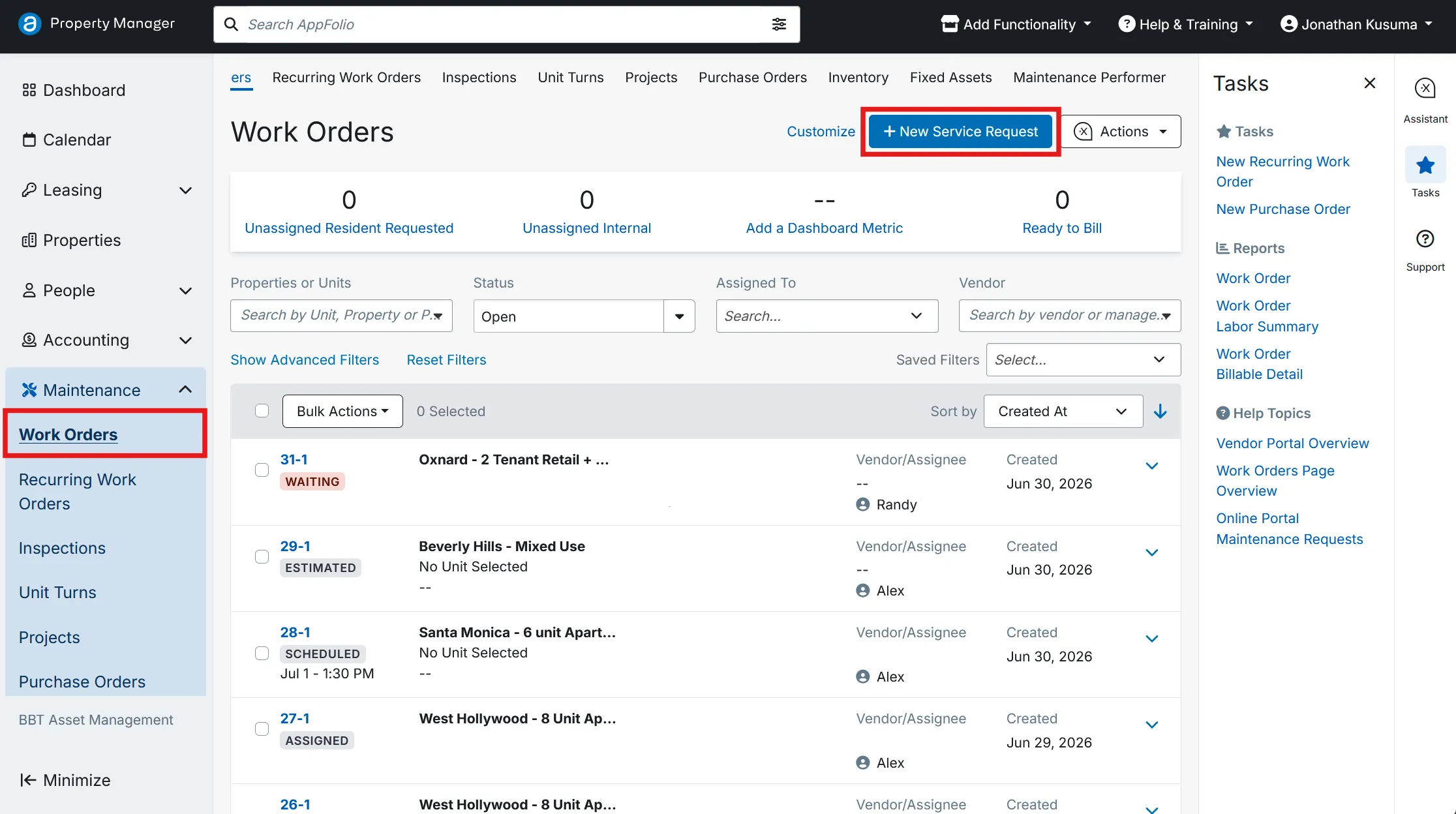 Work Orders page with Maintenance and Work Orders highlighted in the left nav and the New Service Request button at the top