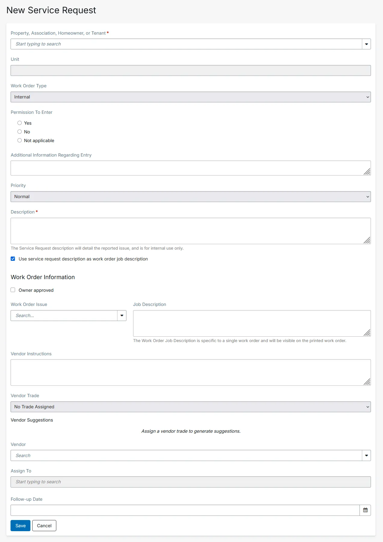 New Service Request form