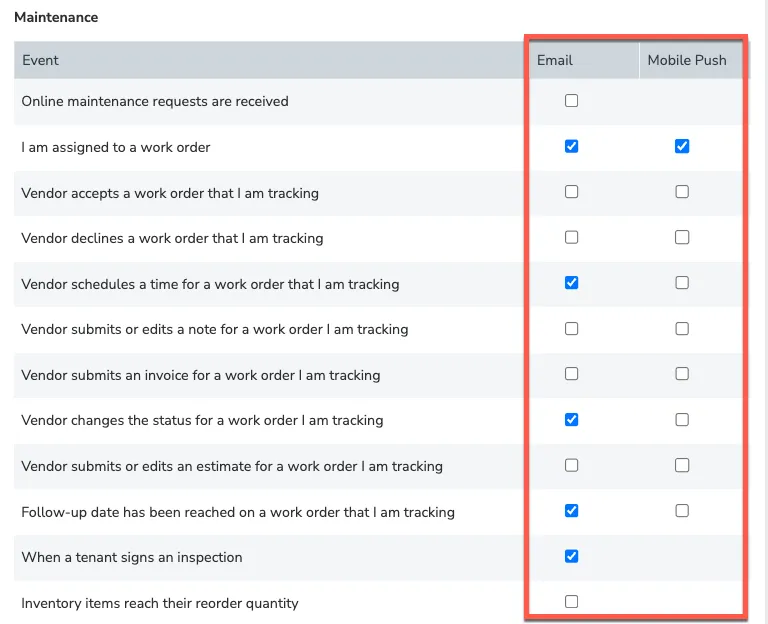 Maintenance notification settings with Email and Mobile Push columns
