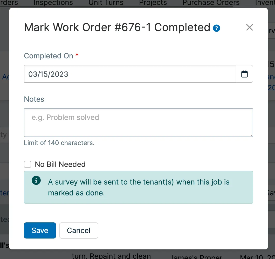 Expanded work order row with quick actions