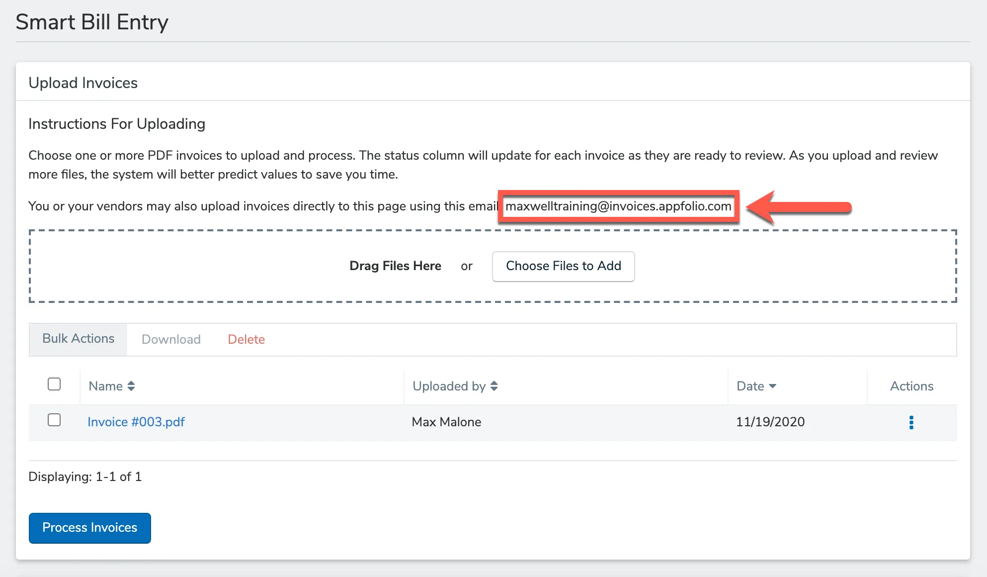 Smart Bill Entry upload page with the unique invoices email highlighted
