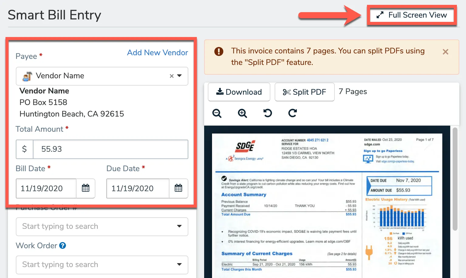 New Bill page with pre-filled fields highlighted next to the PDF preview