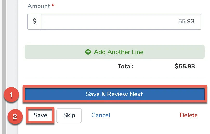 Save and Review Next and Save buttons at the bottom of the bill