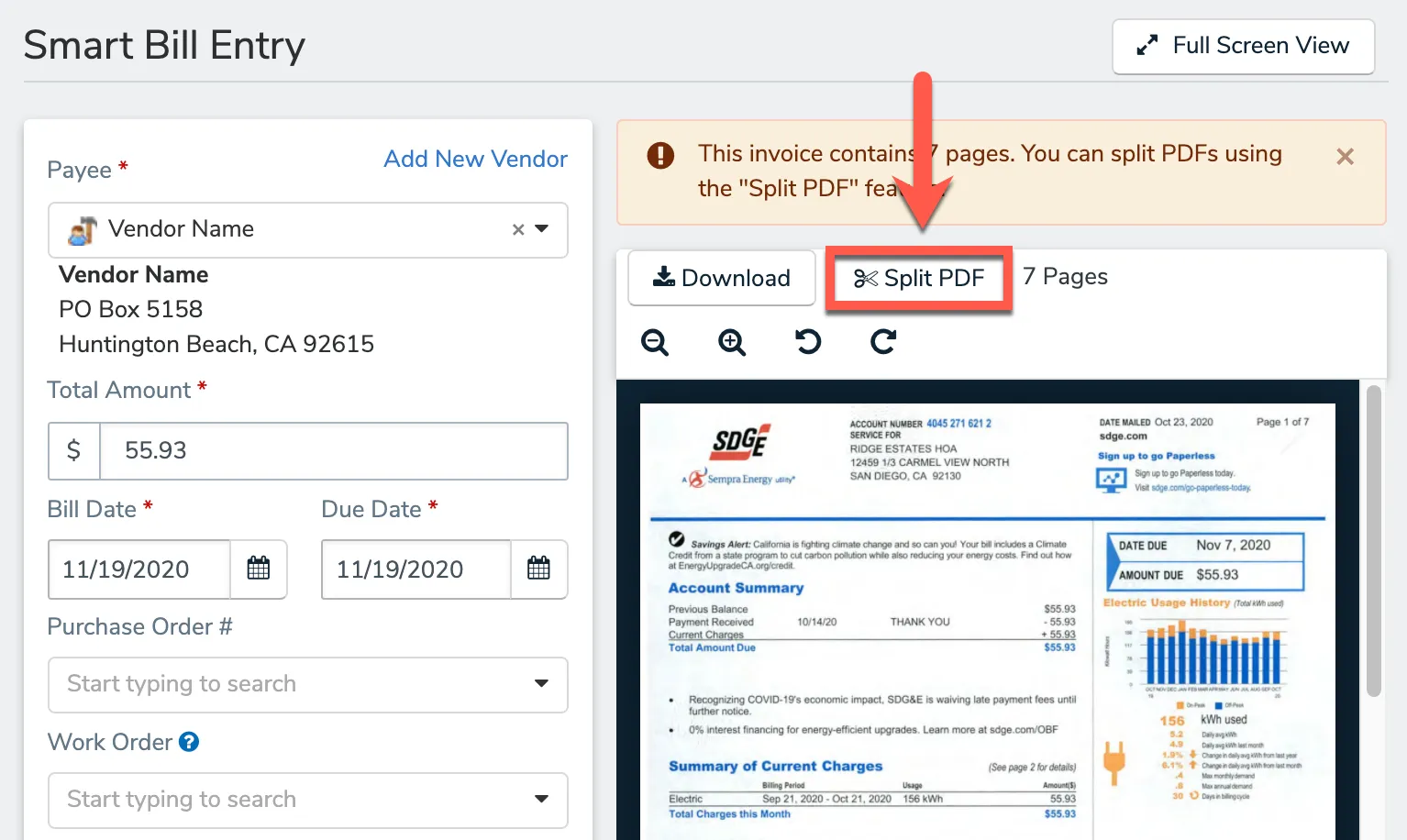 Split PDF button on the Smart Bill Entry review screen