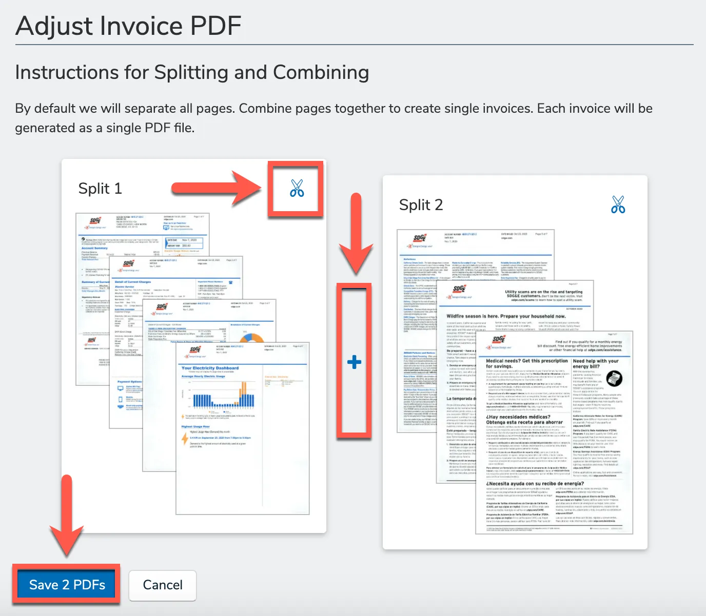 Adjust Invoice PDF interface showing the scissor and plus icons and the Save button