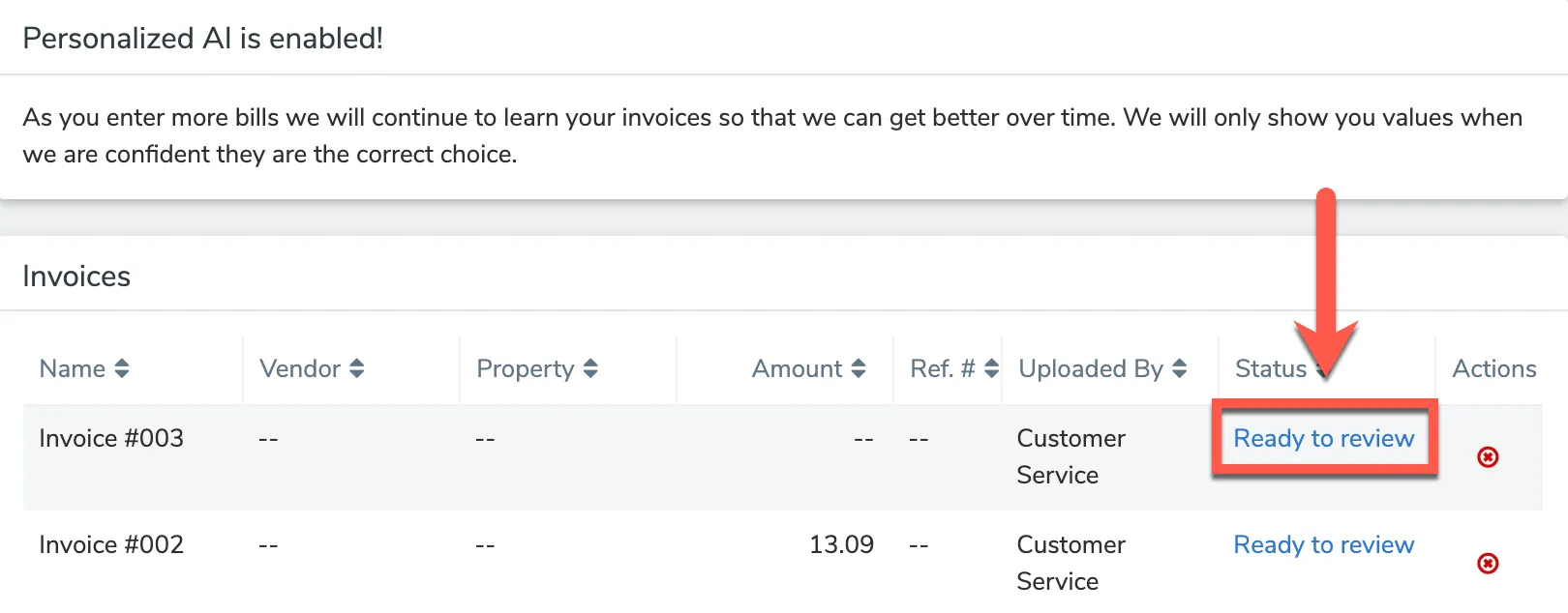 Invoice list with the Ready to Review status link
