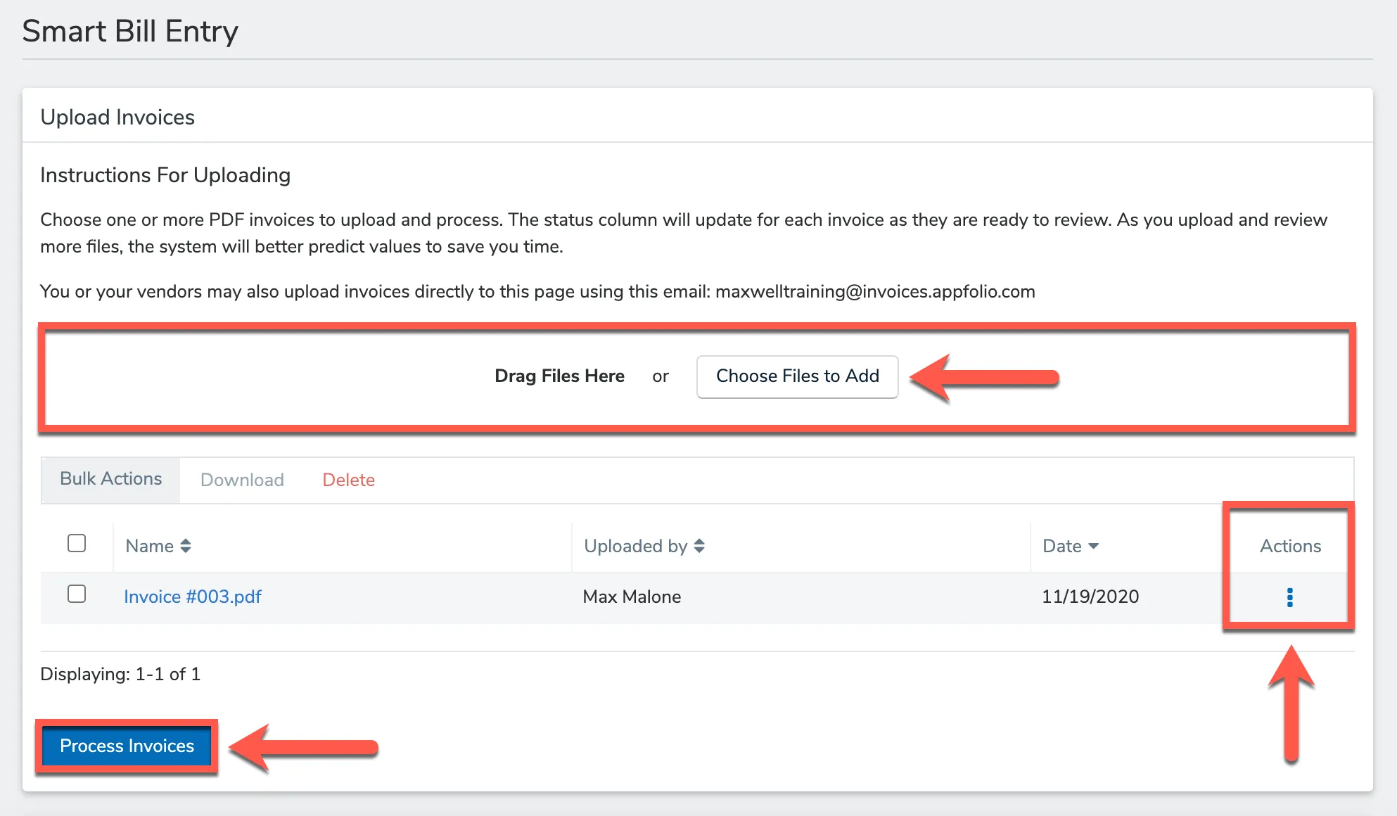 Smart Bill Entry manual upload showing Choose Files, the Actions menu, and Process Invoices