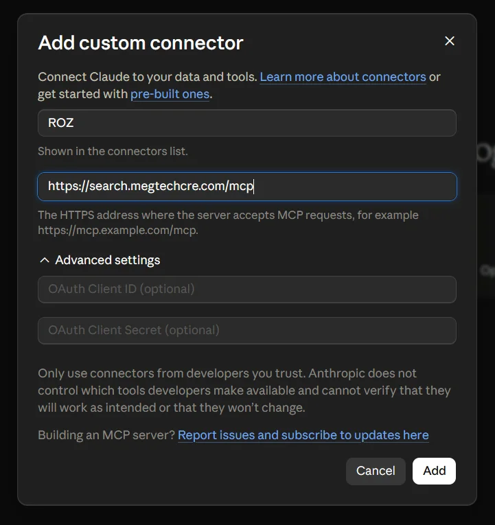 Add custom connector dialog with ROZ entered as the name and the search.megtechcre.com MCP address as the URL