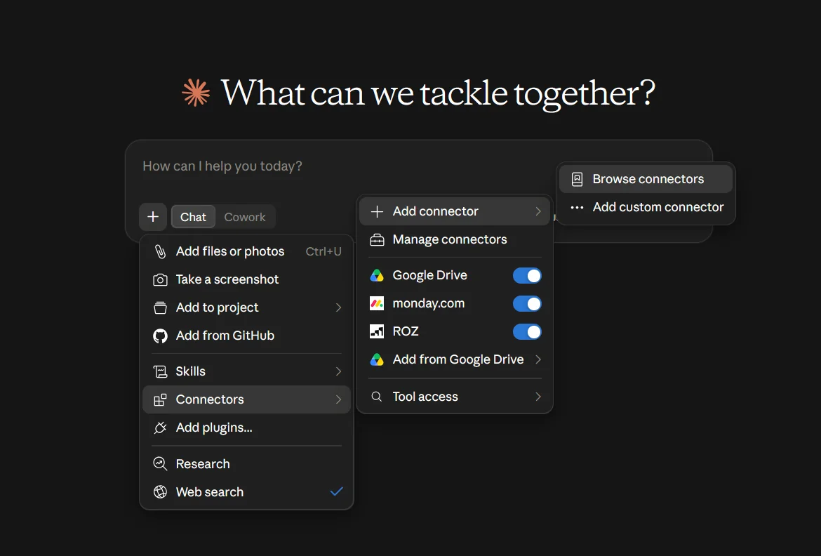 Claude message box with the plus menu open showing Connectors, Add connector, Browse connectors, and Add custom connector