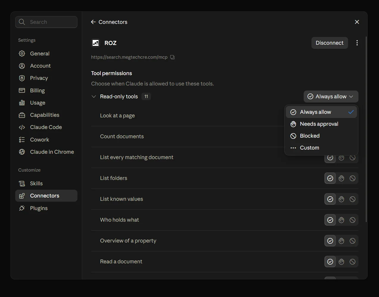ROZ connector settings showing the read-only tool list and the Always allow permission menu