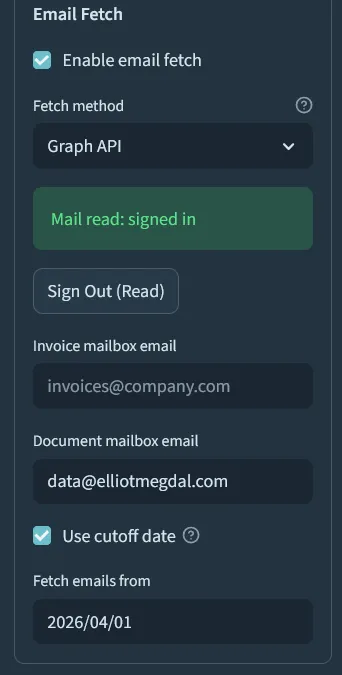 Email fetch settings showing Graph API mode with signed-in status