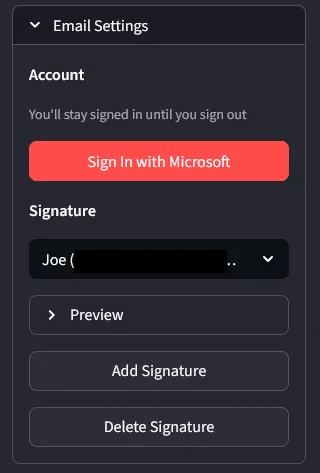 Email settings panel